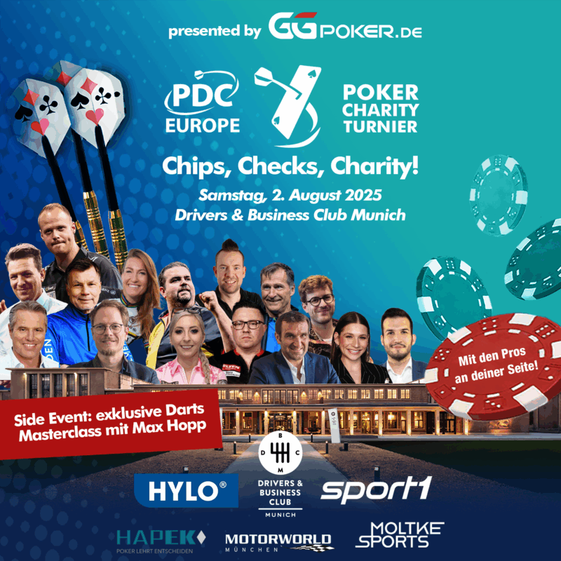 Werbeplakat für das PDC Europe Poker Charity Turnier "Chips, Checks, Charity!" am 02. August 2025 im Drivers & Business Club in München. Zeigt Max Hopp, Sebastian Schwele, Thomas Helmer, Denise Schindler, Gabriel Clemens, George Danzer, Lars Riedel, Q-Poker, Jan Stecker, Jan Heitmann, Fallon Sherrock, Rob Owen, Stephan Kalhamer, Jana Wosnitza und Philip Brzezinski. Werbeplakat für das PDC Europe Poker Charity Turnier "Chips, Checks, Charity!" am 02. August 2025 im Drivers & Business Club in München. Zeigt Max Hopp, Sebastian Schwele, Thomas Helmer, Denise Schindler, Gabriel Clemens, George Danzer, Lars Riedel, Q-Poker, Jan Stecker, Jan Heitmann, Fallon Sherrock, Rob Owen, Stephan Kalhamer, Jana Wosnitza und Philip Brzezinski.