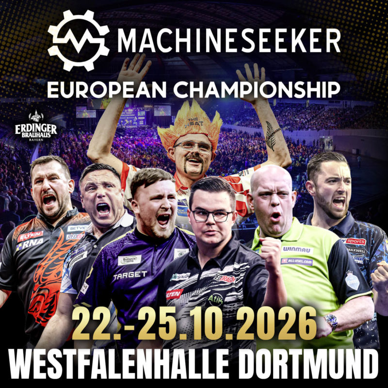 Eventgrafik der Machineseeker European Championship 2026 in der Westfalenhalle in Dortmund, Zeigt Damon Heta, Jonny Clayton, Gerwyn Price, Luke Littler, Gian van Veen, Michael van Gerwen und Luke Humphries.
