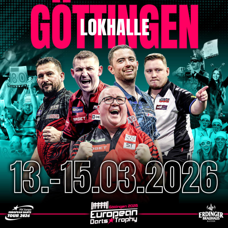 Eventgrafik der European Darts Trophy 2026 in der Lokhalle in Göttingen. Zeigt Jonny Clayton, Nathan Aspinall, Luke Humphries, Martin Schindler und Stephen Bunting.