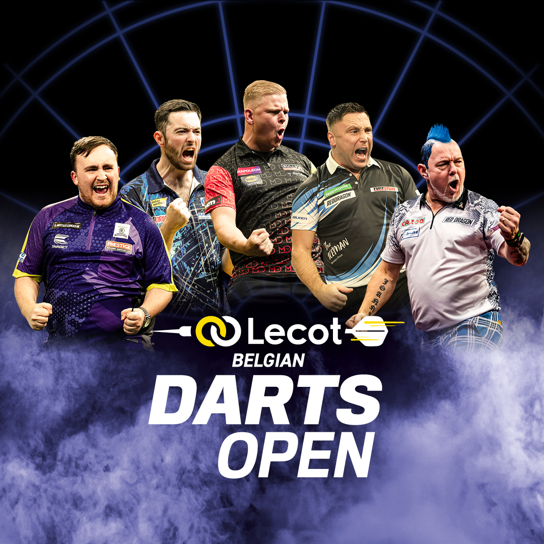 Eventgrafik der Belgian Darts Open 2026 in den Oktoberhallen in Wieze. Zeigt Luke Littler, Luke Humphries, Mike De Decker, Gerwyn Price und Peter Wright.