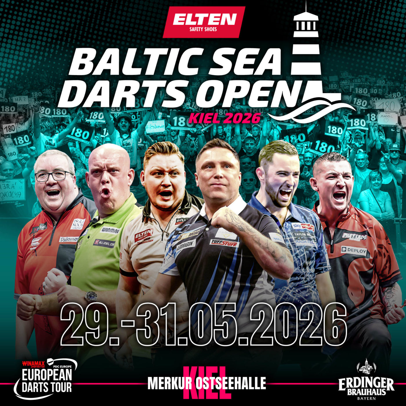 Eventgrafik der ELTEN Safety Shoes Baltic Sea Darts Open 2026 in der MERKUR Ostseehalle in Kiel. Zeigt Gerwyn Price, Martin Schindler, Michael van Gerwen, Stephen Bunting, Luke Humphries, Nathan Aspinall.