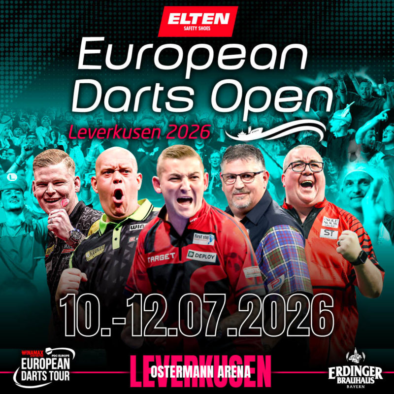 Eventgrafik der European Darts Open 2026 in der Ostermann Arena in Leverkusen. Zeigt Mike De Decker, Michael van Gerwen, Nathan Aspinall, Gary Anderson und Stephen Bunting.