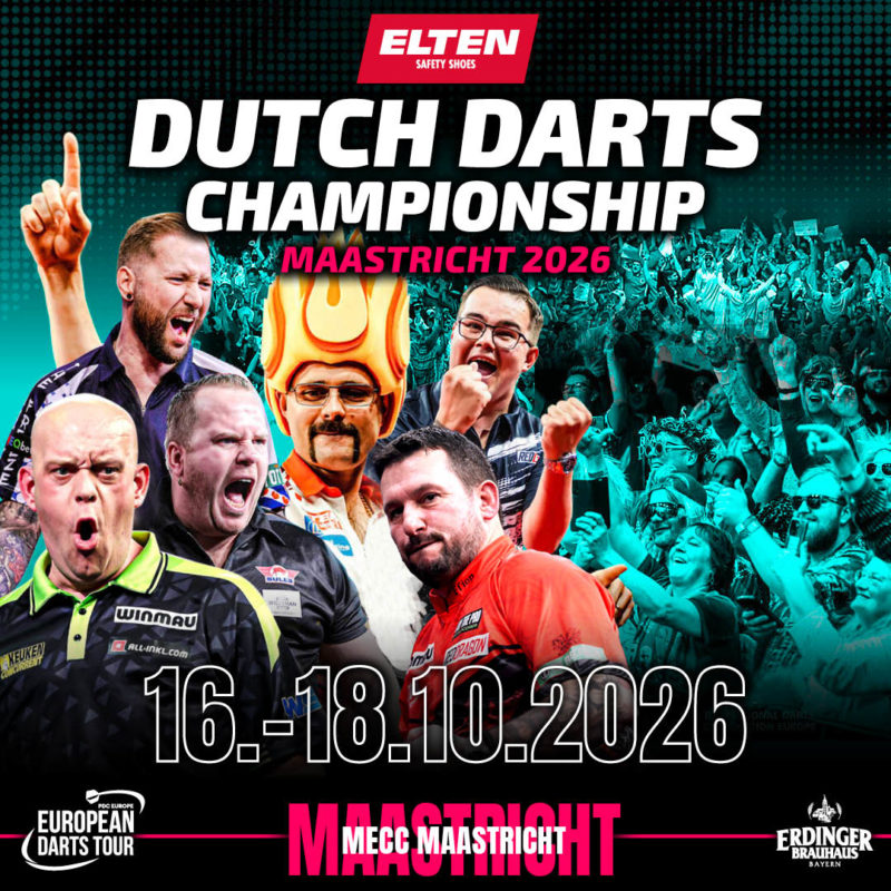 Eventgrafik der ELTEN Safety Shoes Dutch Darts Championship im MECC Maastricht in Maastricht. Zeigt MIchael van Gerwen, Dirk van Duijvenbode, Danny Noppert, Damon Heta, Jonny Clayton und Gian van Veen.