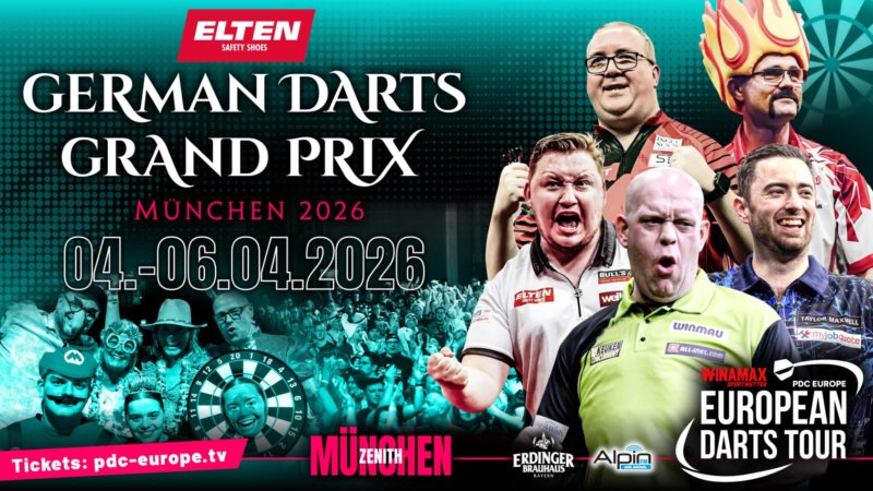 Eventgrafik des German Darts Grand Prix 2026 im Zenith in München. Zeigt Stephen Bunting, Martin Schindler, Michael van Gerwen, Luke Humphries und Damon Heta.