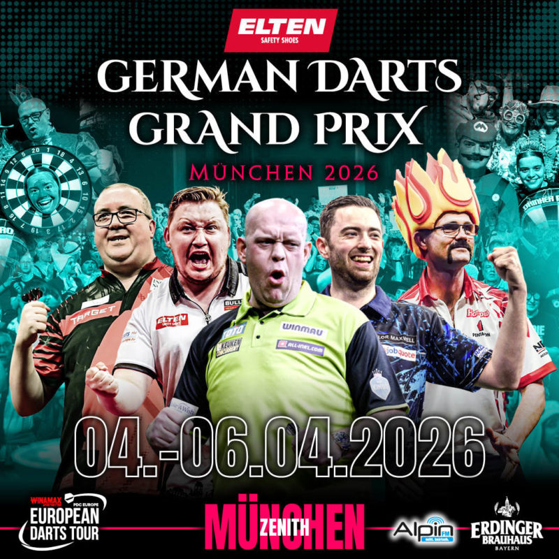 Eventgrafik des German Darts Grand Prix 2026 im Zenith in München. Zeigt Stephen Bunting, Martin Schindler, Michael van Gerwen, Luke Humphries und Damon Heta.