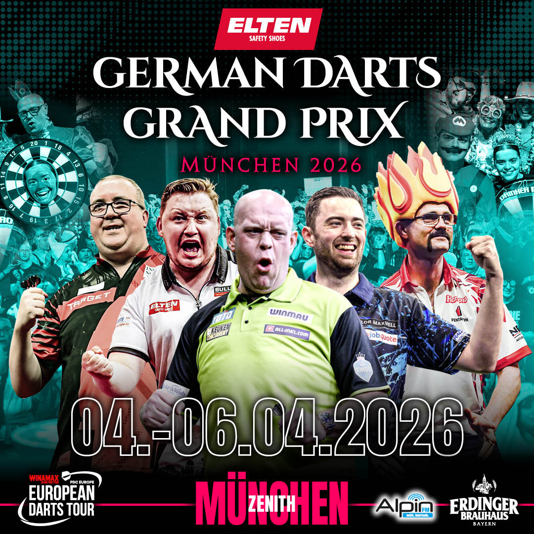 Eventgrafik des German Darts Grand Prix 2026 im Zenith in München. Zeigt Stephen Bunting, Martin Schindler, Michael van Gerwen, Luke Humphries und Damon Heta.
