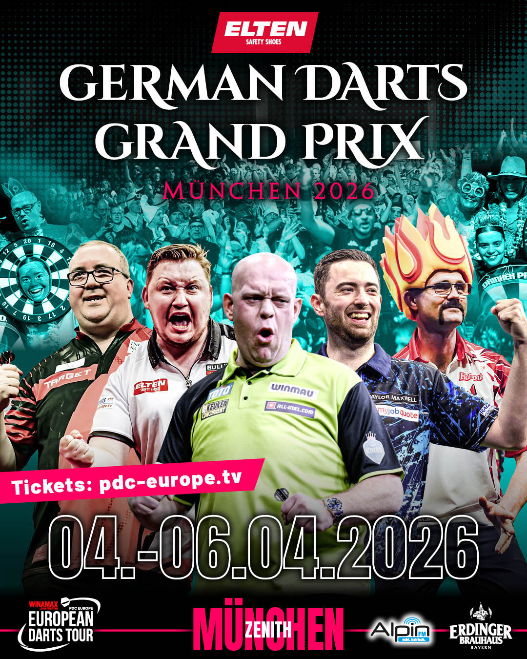 Eventgrafik des German Darts Grand Prix 2026 im Zenith in München. Zeigt Stephen Bunting, Martin Schindler, Michael van Gerwen, Luke Humphries und Damon Heta.