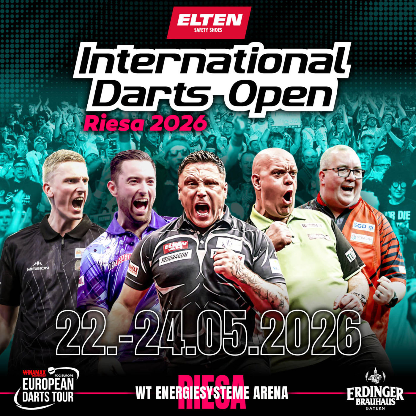Eventgrafik der International Darts Open 2026 in der WT Energiesysteme Arena in Riesa. Zeigt Luke Humphries, Wessel Nijman, Gerwyn Price, Stephen Bunting und Michael van Gerwen.