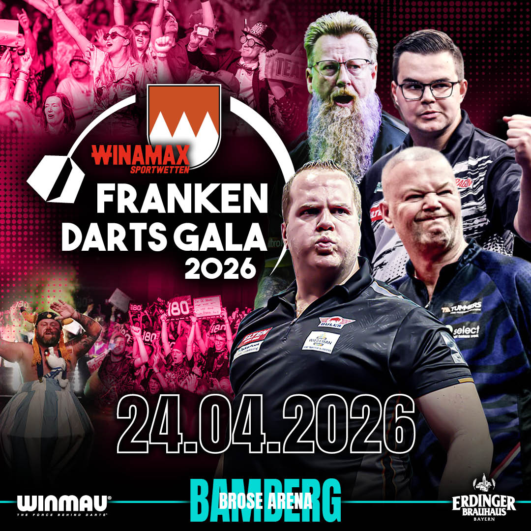 Eventgrafik der Franken Darts Gala 2026 in der brose Arena in Bamberg. Zeigt Dirk van Duijvenbode, Simon Whitlock, Gian van Veen und Raymond van Barneveld.