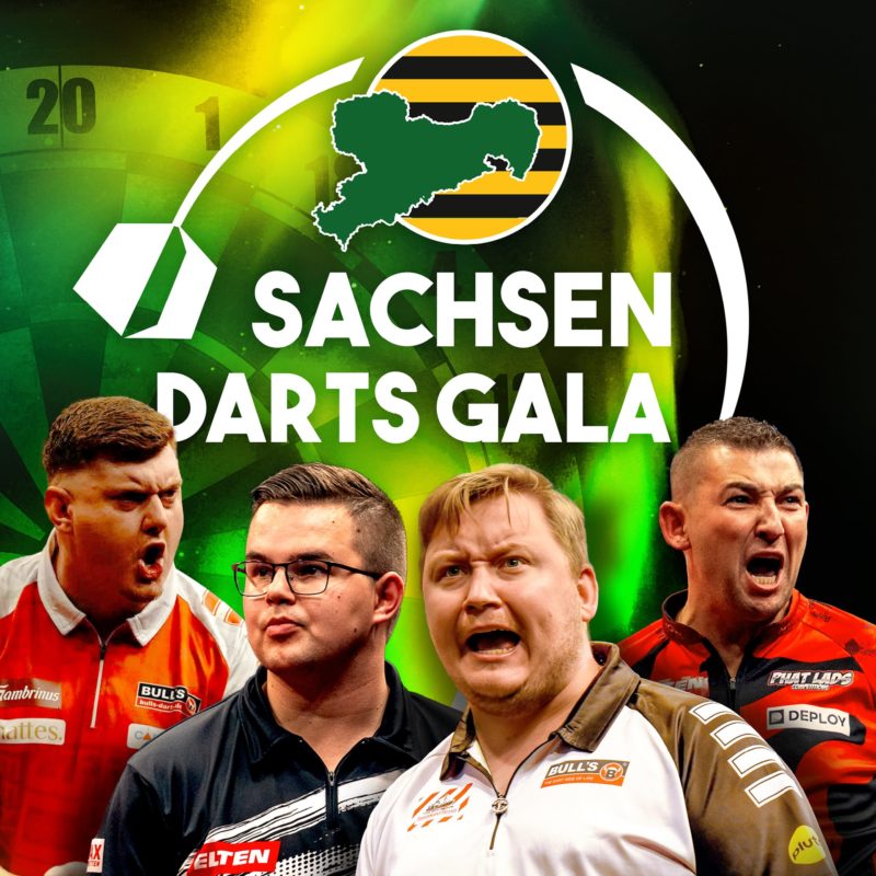 Eventgrafik der Sachsen Darts Gala 2026 in der Quarterback Immobilien Arena in Leipzig. Zeigt Niko Springer, Gian van Veen, Martin Schindler und Nathan Aspinall.