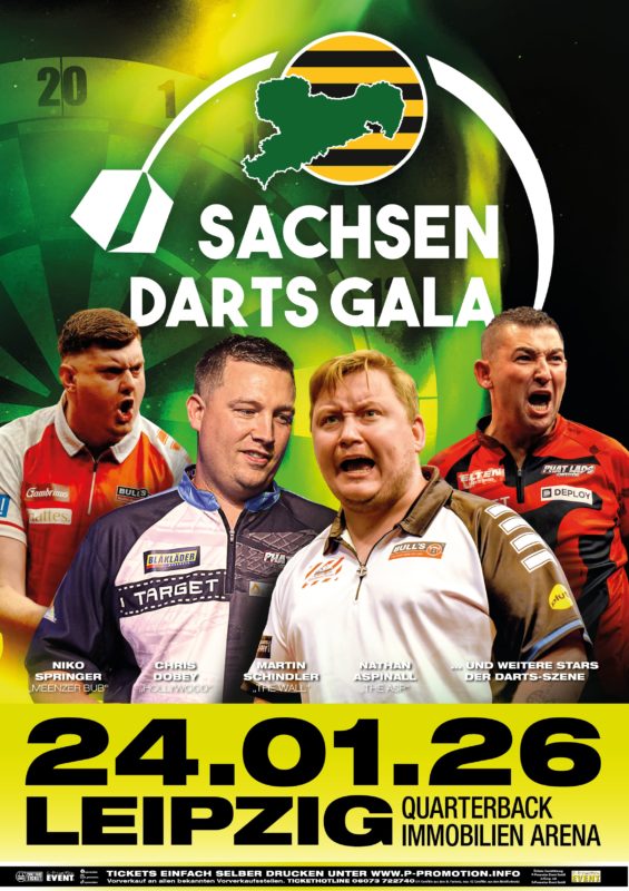 Eventgrafik der Sachsen Darts Gala 2026 in der Quarterback Immobilien Arena in Leipzig. Zeigt Niko Springer, Chris Dobey, Martin Schindler und Nathan Aspinall.