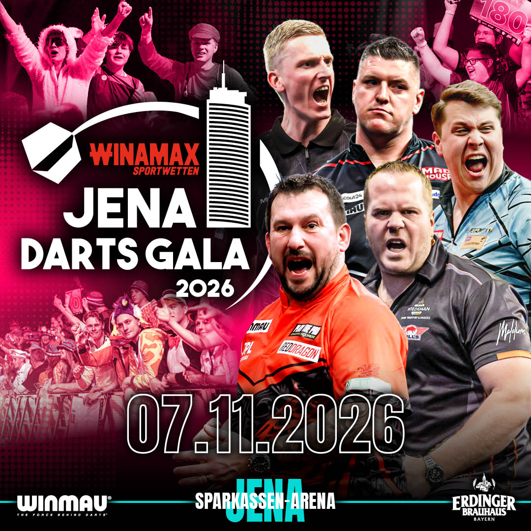Eventgrafik der Jena Darts Gala 2026 in der Sparkassen-Arena in Jena. Zeigt Dirk van Duijvenbode, Wessel Nijman, Daryl Gurney, Paul Krohne und Jonny Clayton.