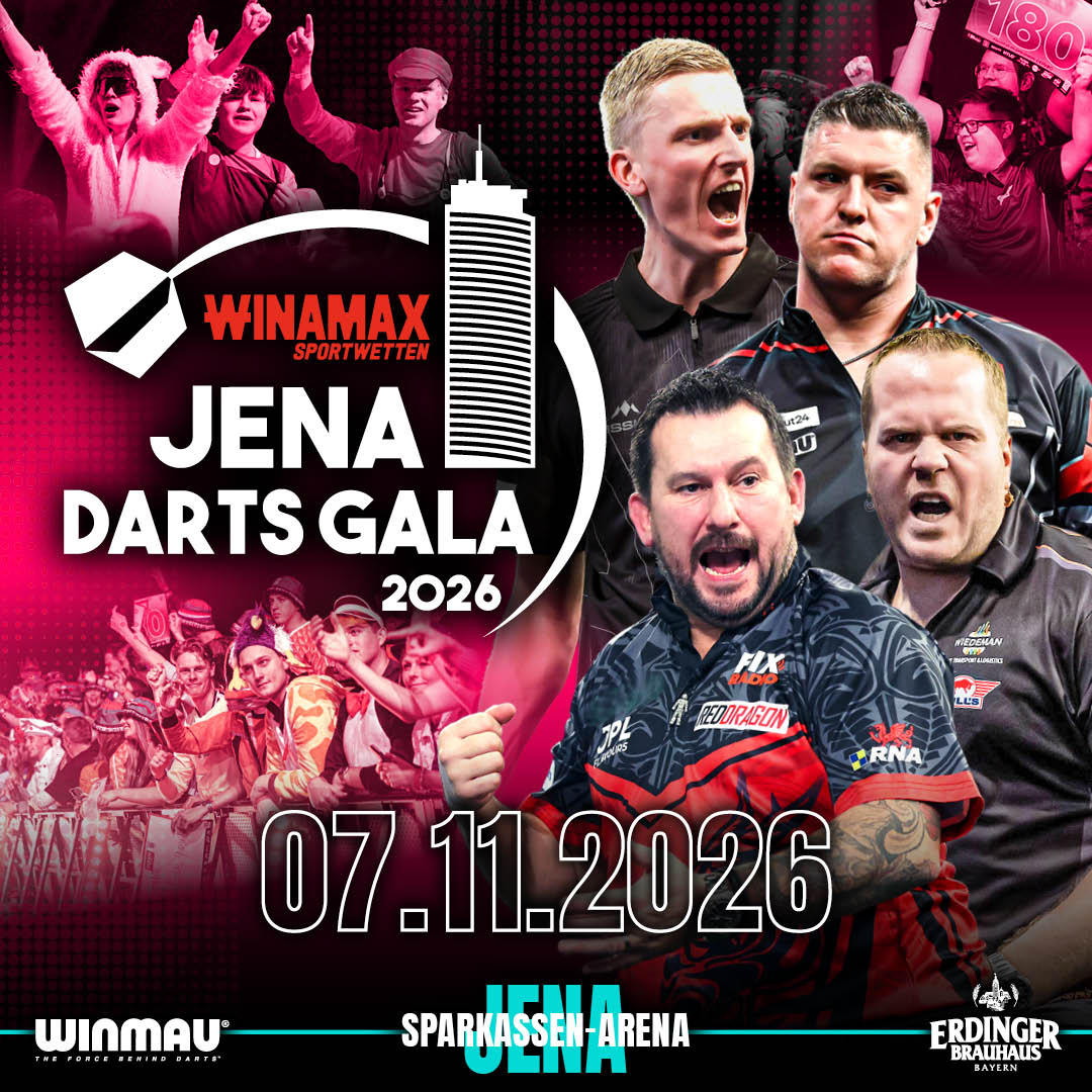 Eventgrafik der Jena Darts Gala 2026 in der Sparkassen-Arena in Jena. Zeigt Dirk van Duijvenbode, Wessel Nijman, Daryl Gurney und Jonny Clayton.