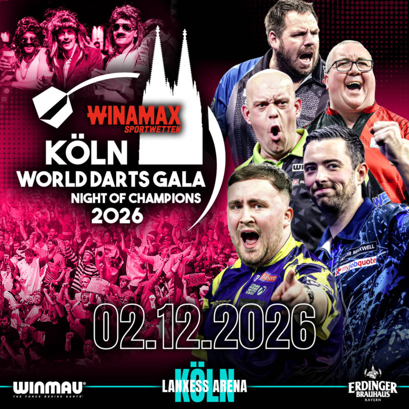 Eventgrafik der Winamax Köln World Darts Gala in der LANXESS arena in Köln. Zeigt Luke Littler, Michael van Gerwen, Luke Humphries, Adrian Lewis und Stephen Bunting.