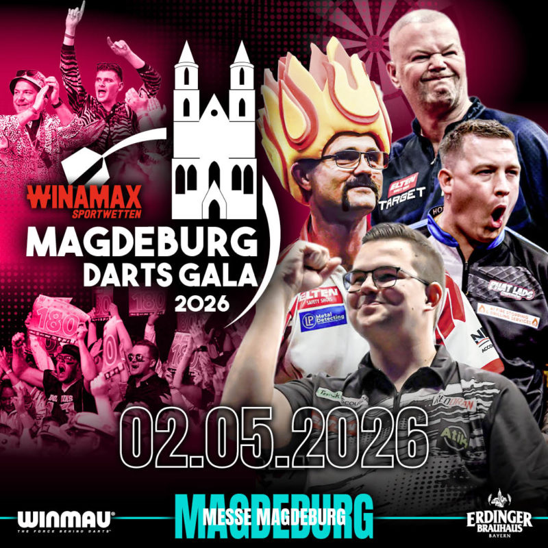 Eventgrafik der Magdeburg Darts Gala 2026 in der Messe Magdeburg. Zeigt Raymond van Barneveld, Gian van Veen, Damon Heta und Chris Dobey.