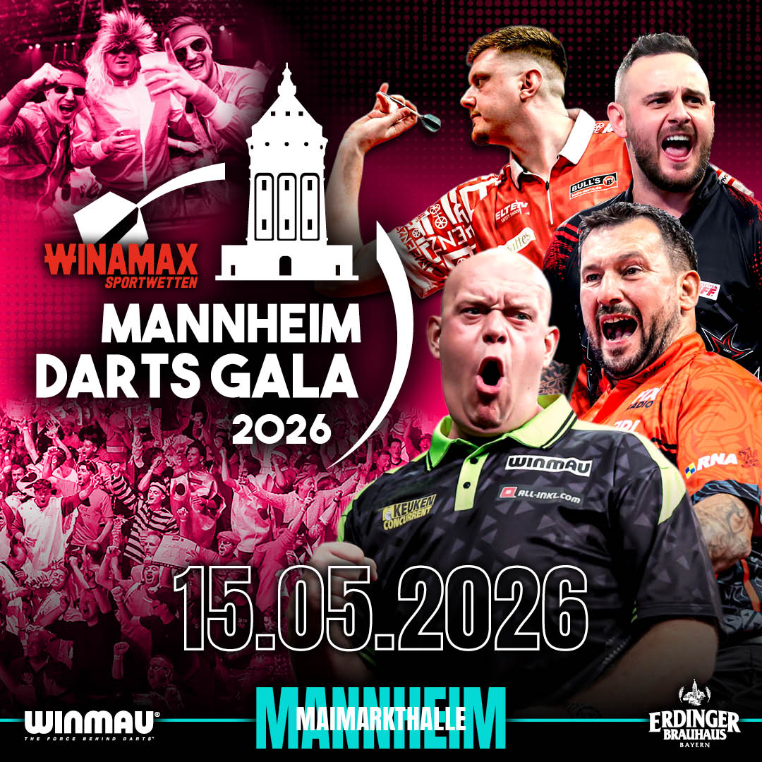 Eventgrafik der Mannheim Darts Gala 2026 in der Maimarkthalle. Zeigt Niko Springer, Joe Cullen, Michael van Gerwen und Jonny Clayton.