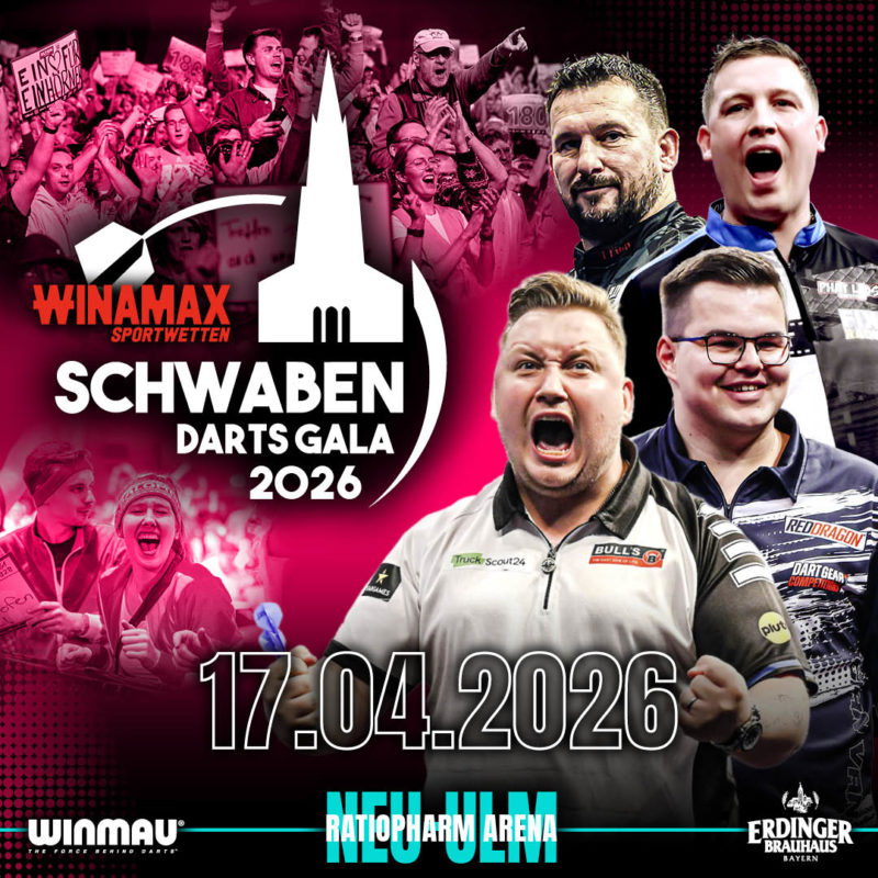 Eventgrafik der Schwaben Darts Gala 2026 in der ratiopharm Arena in Neu-Ulm. Zeigt Jonny Clayton, Martin Schindler, Gian van Veen und Chris Dobey.