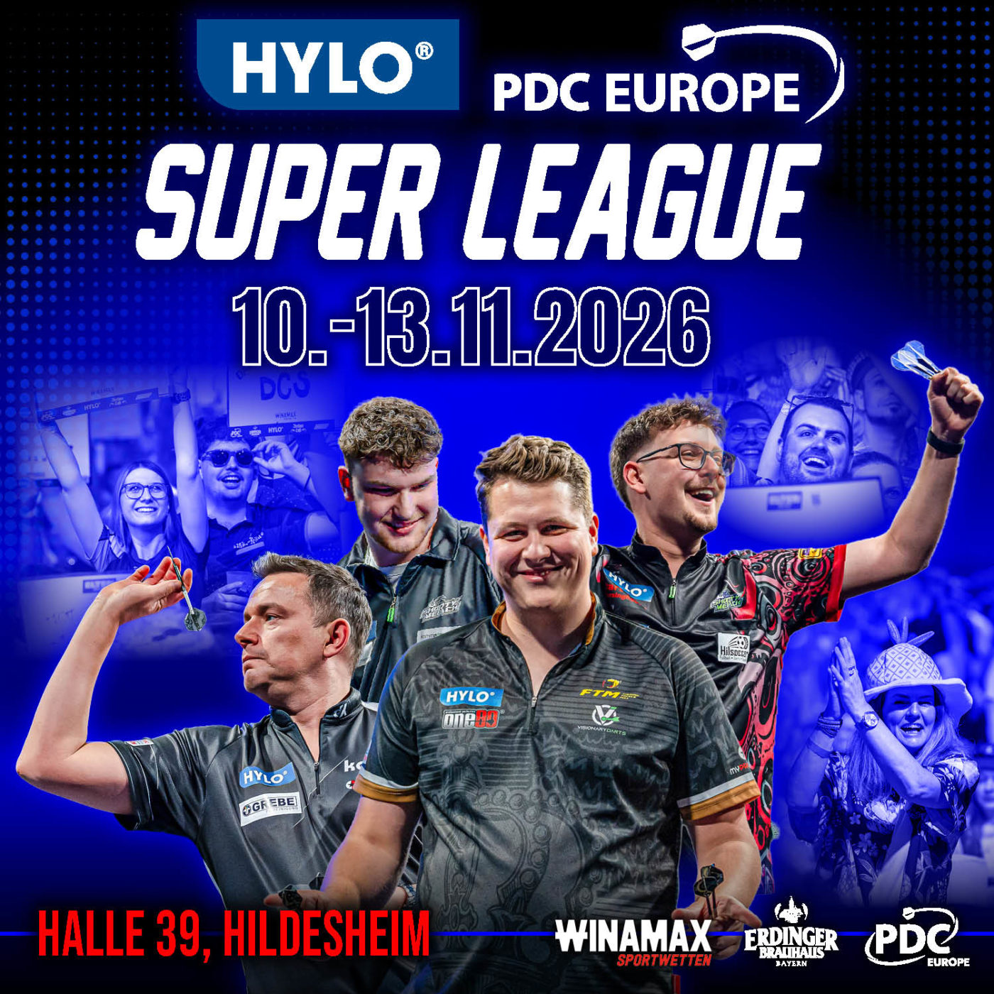 Eventgrafik der HYLO PDC Europe Super League 2026 in der Halle 39 in Hildesheim. Zeigt Jarod Becker, Paul Krohne, Mika Donnevert und Daniel Klose.