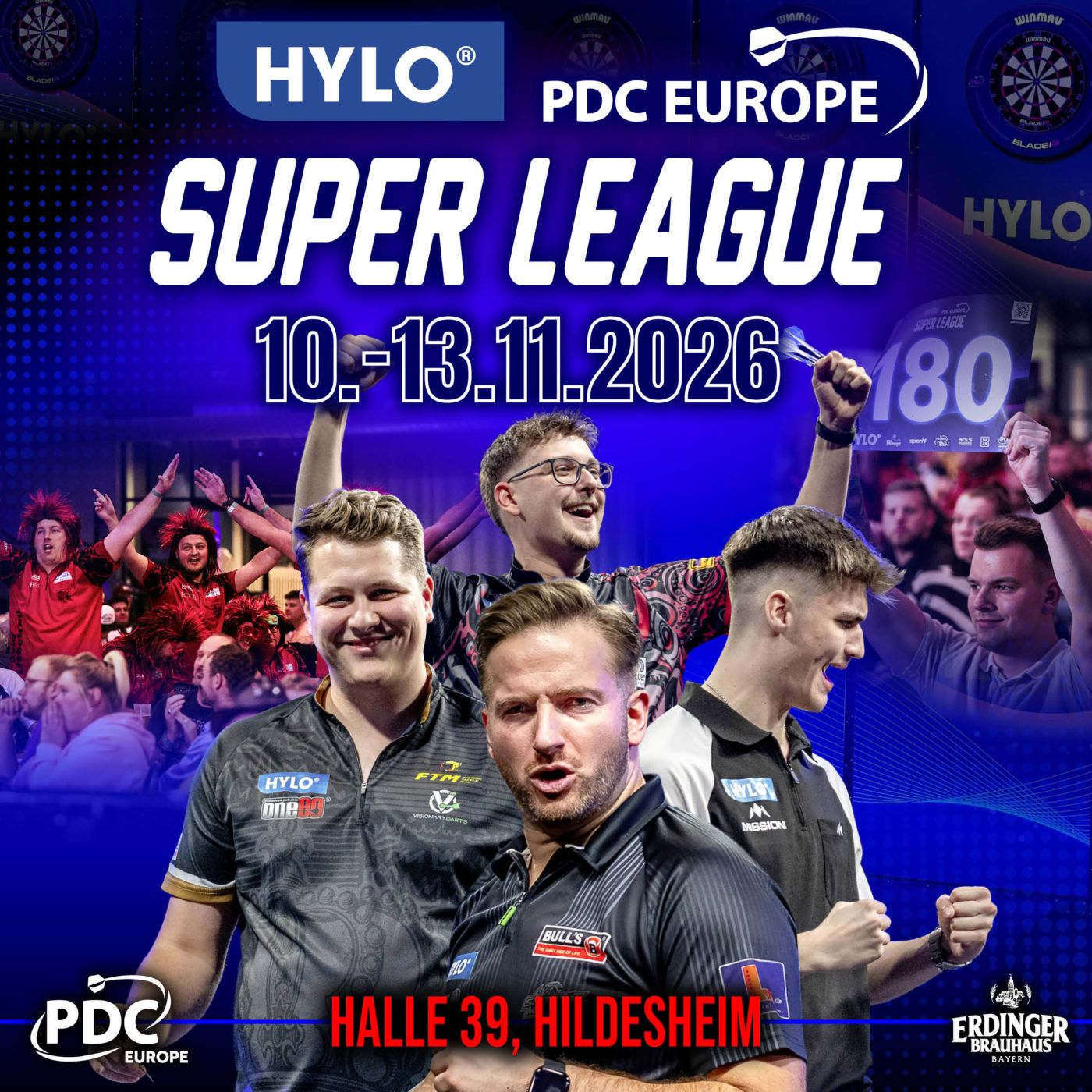 Eventgrafik der HYLO PDC Europe Super League 2026 in der Halle 39 in Hildesheim. Zeigt Jarod Becker, Paul Krohne, Yorick Hofkens, und Arno Merk.