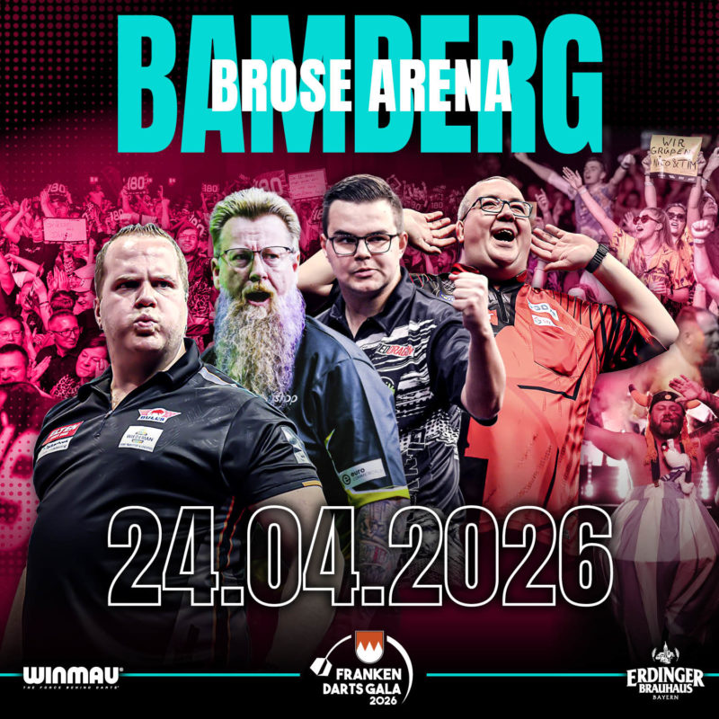 Eventgrafik der Franken Darts Gala 2026 in der brose Arena in Bamberg. Zeigt Dirk van Duijvenbode, Simon Whitlock, Gian van Veen und Stephen Bunting.