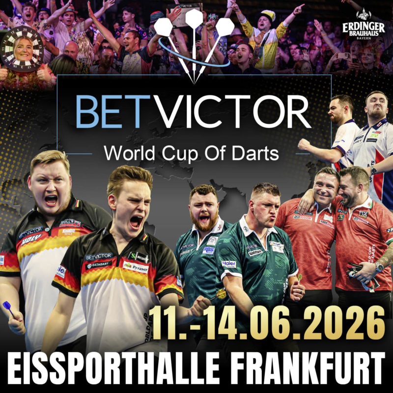 Eventgrafik des BetVictor World Cup of Darts 2026 in der Eissporthalle Frankfurt. Zeigt Martin Schindler, Ricardo Pietreczko, Josh Rock, Daryl Gurney, Gerwyn Price, Jonny Clayton, Luke Humphries und Luke Littler.