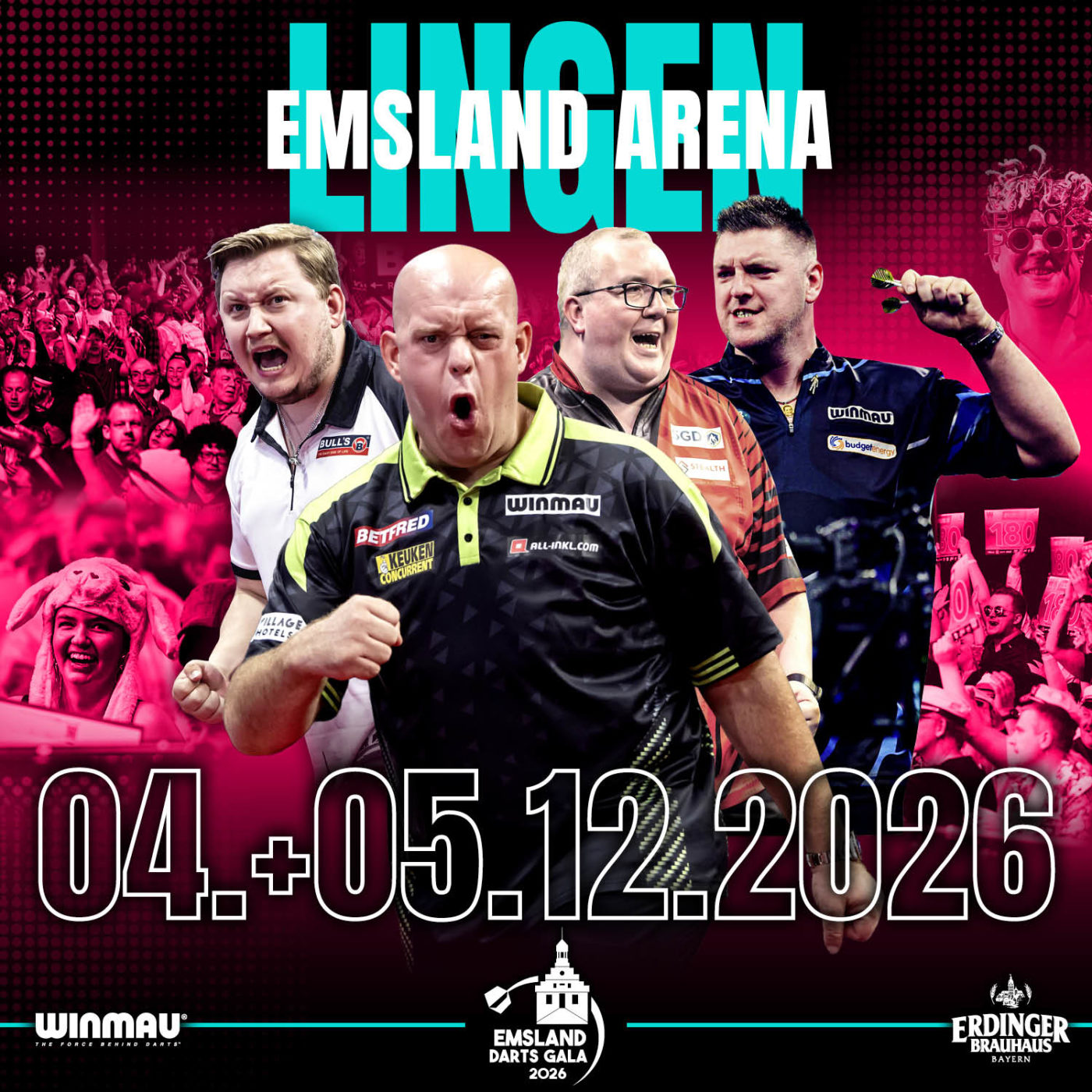 Eventgrafik der Emsland Darts Gala 2026 in der Emsland Arena in Lingen. Zeigt Martin Schindler, Michael van Gerwen, Stephen Bunting und Daryl Gurney.