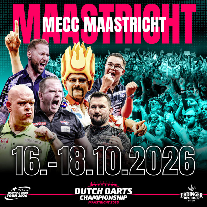 Eventgrafik der Dutch Darts Championship 2026 im MECC Maastricht. Zeigt Danny Noppert, Michael van Gerwen, Dirk van Duijvenbode, Damon Heta, Gian van Veen und Jonny Clayton.