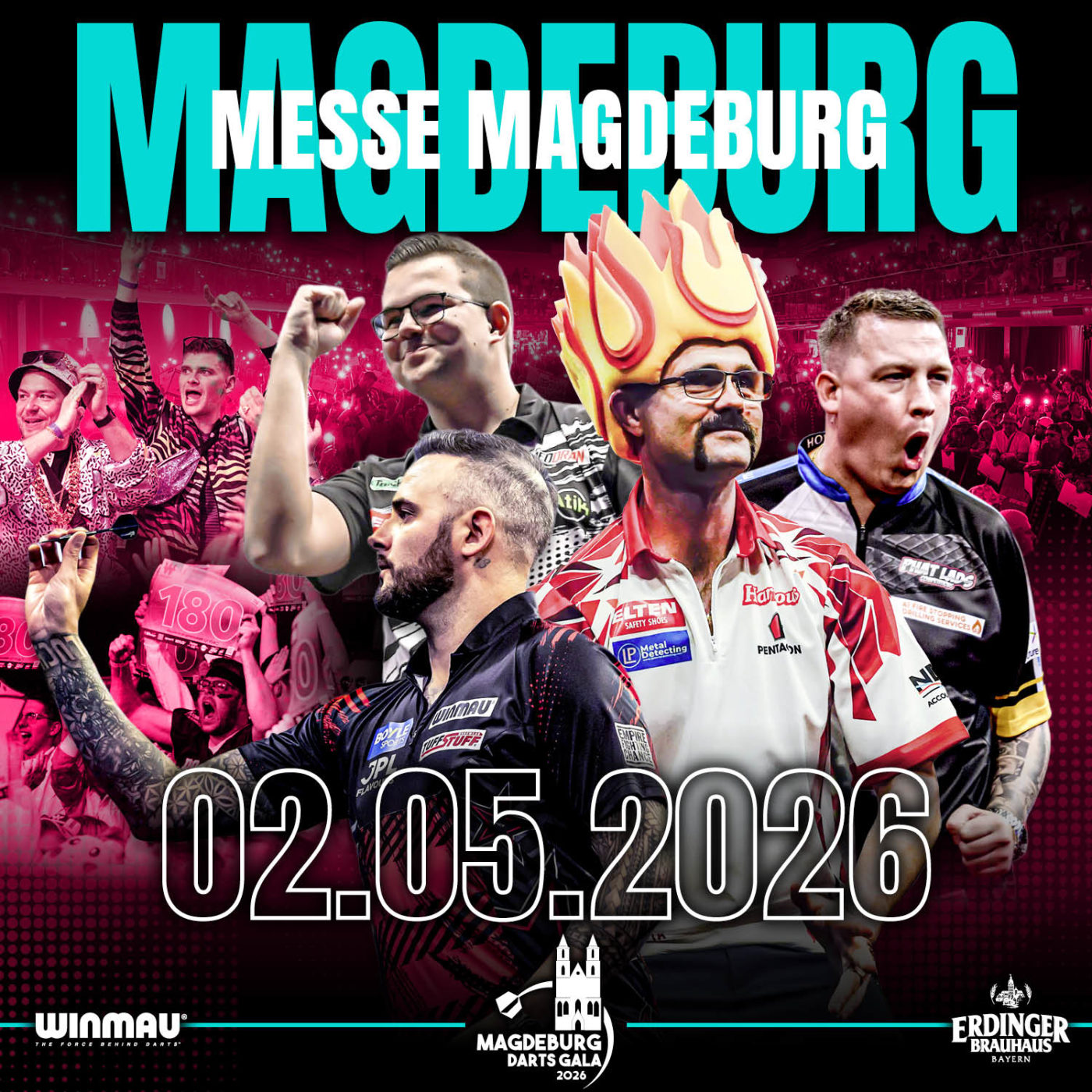 Eventgrafik der Magdeburg Darts Gala 2026 in der Messe Magdeburg. Zeigt Joe Cullen, Gian van Veen, Damon Heta und Chris Dobey.