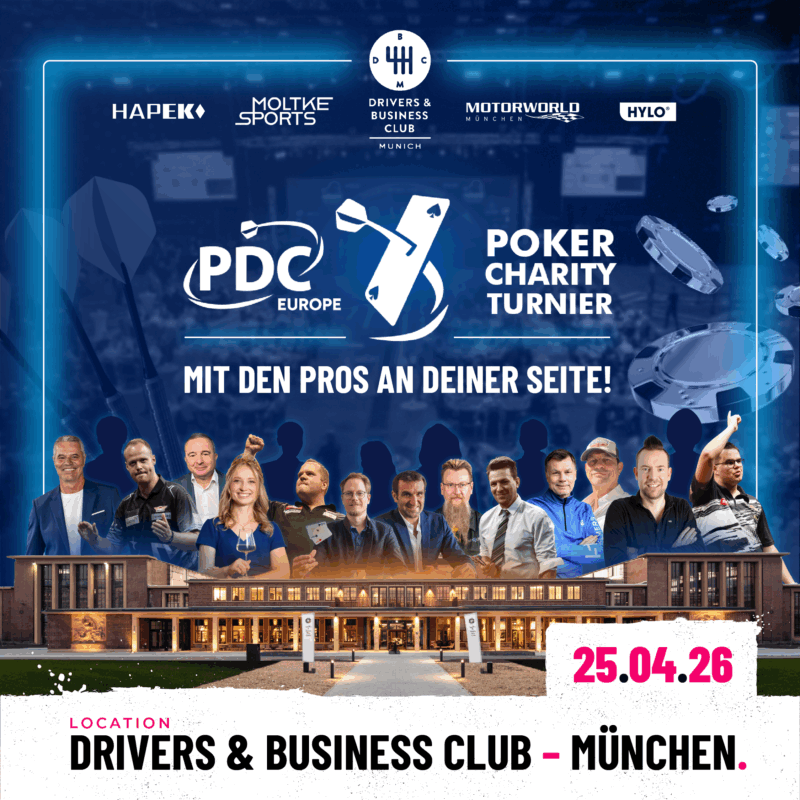 Eventgrafik des PDC Europe Poker Charity Turniers 2026 im Drivers &amp; Business Club München. Zeigt Jan Stecker, Max Hopp. Michael Körner, Anna Zenz, Dirk van Duijvenbode, Jan Heitmann, Stephan Kalhammer, Simon Whitlock, Basti Schwele, Thomas Helmer, Michael Guillame, George Danzer und Gian van Veen.