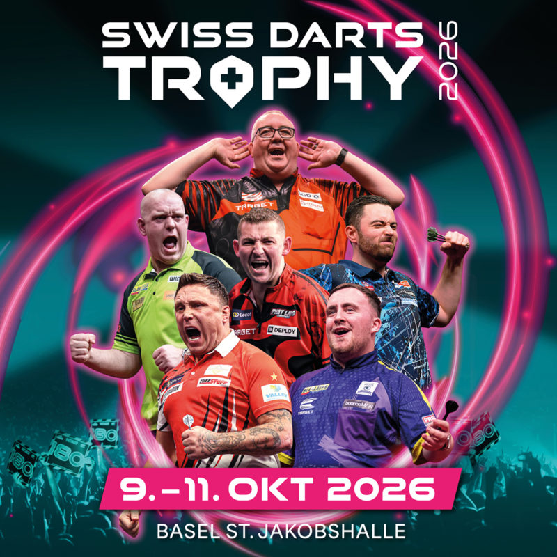 Eventgrafik der Swiss Darts Trophy 2026 in der St. Jakobshalle in Basel. Zeigt Stephen Bunting, Michael van Gerwen, Nathan Aspinall, Luke Humphries, Gerwyn Price und Luke Littler.
