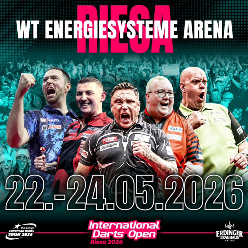 Eventgrafik der International Darts Open 2026 in der WT Energiesysteme Arena in Riesa. Zeigt Luke Humphries, Nathan Aspinall, Gerwyn Price, Stephen Bunting und Michael van Gerwen.
