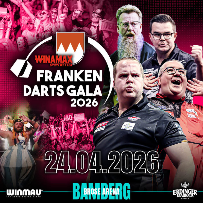 Eventgrafik der Franken Darts Gala 2026 in der brose Arena in Bamberg. Zeigt Dirk van Duijvenbode, Simon Whitlock, Gian van Veen und Stephen Bunting.