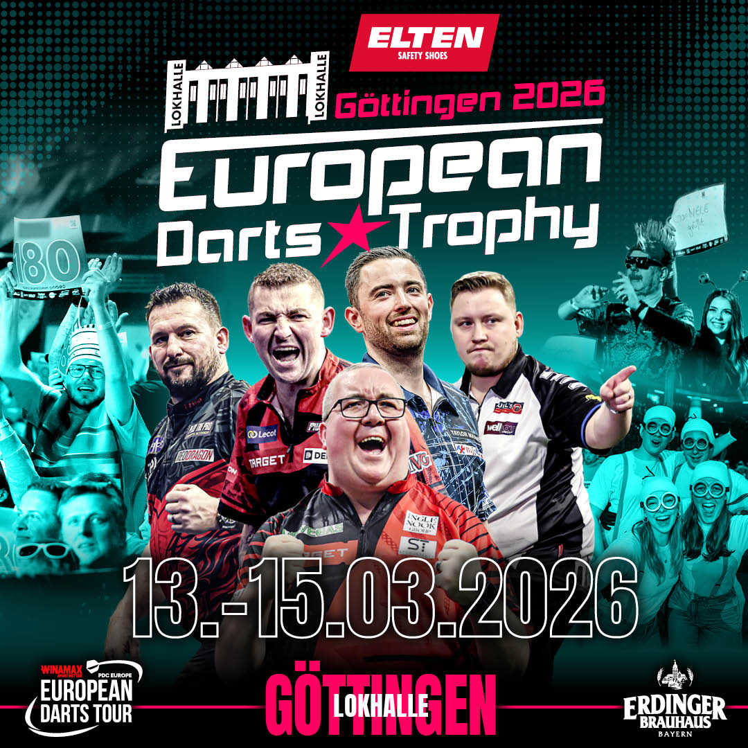 Eventgrafik der European Darts Trophy 2026 in der Lokhalle in Göttingen. Zeigt Jonny Clayton, Nathan Aspinall, Luke Humphries, Martin Schindler und Stephen Bunting.