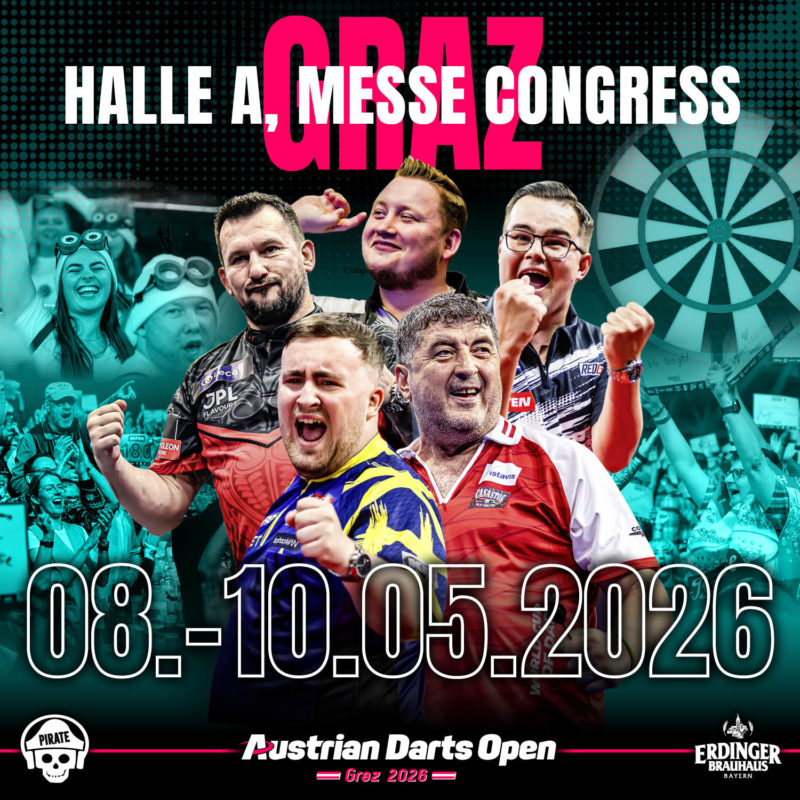 Eventgrafik der Austrian Darts Open 2026 in der Halle A im Messe Congress Graz. Zeigt Jonny Clayton, Martin Schindler, Gian van Veen, Luke Littler und Mensur Suljovic.