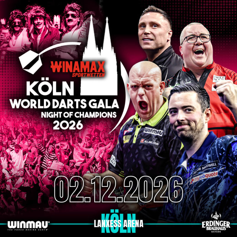 Eventgrafik der Köln World Darts Gala 2026 in der Lanxess Arena in Köln. Zeigt Gerwyn Price, Michael van Gerwen, Luke Humphries und Stephen Bunting.