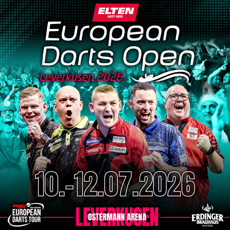 Eventgrafik der European Darts Open 2026 in der Ostermann Arena in Leverkusen. Zeigt Mike De Decker, Michael van Gerwen, Nathan Aspinall, Luke Humphries und Stephen Bunting.
