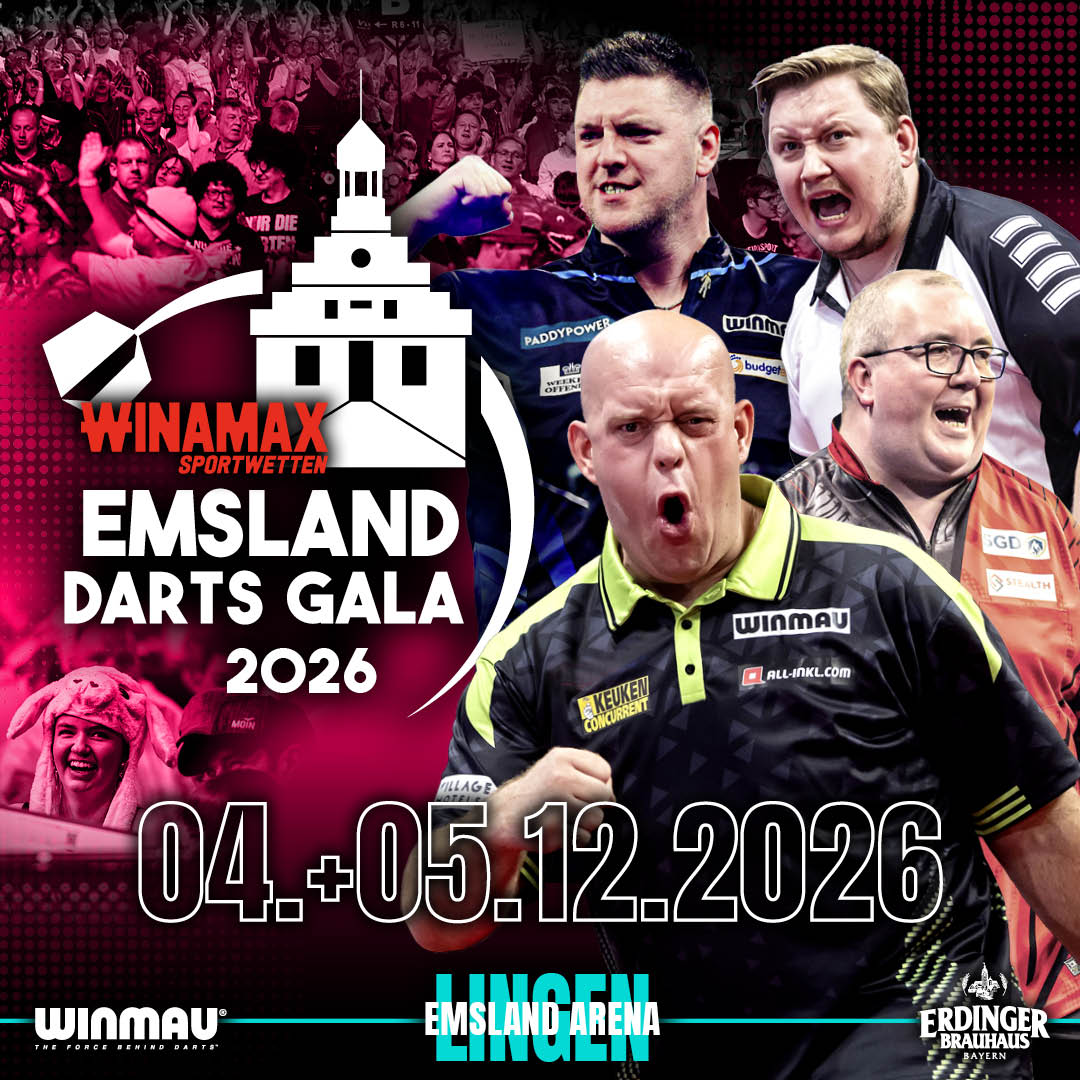 Eventgrafik der Emsland Darts Gala 2026 in der Emsland Arena in Lingen. Zeigt Martin Schindler, Michael van Gerwen, Stephen Bunting und Daryl Gurney.