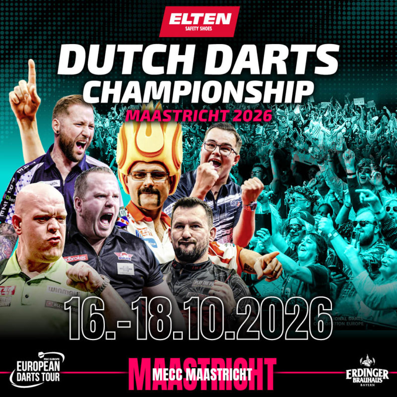Eventgrafik der Dutch Darts Championship 2026 im MECC Maastricht. Zeigt Danny Noppert, Michael van Gerwen, Dirk van Duijvenbode, Damon Heta, Gian van Veen und Jonny Clayton.