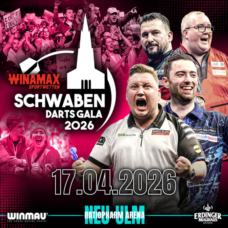Eventgrafik der Schwaben Darts Gala 2026 in der ratiopharm Arena in Neu-Ulm. Zeigt Jonny Clayton, Martin Schindler, Luke Humphries und Stephen Bunting.