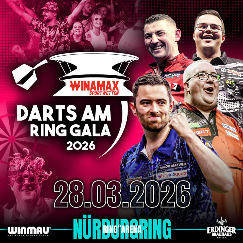 Eventgrafik der Darts am Ring Gala 2026 in der ring°arena am Nürburgring. Zeigt Nathan Aspinall, Luke Humphries, Stephen Bunting und Gian van Veen.