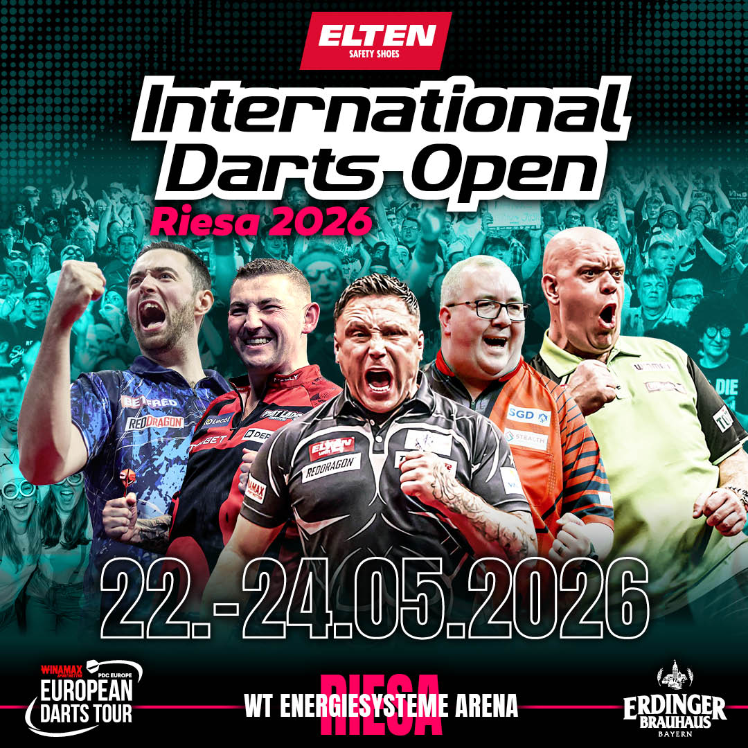 Eventgrafik der International Darts Open 2026 in der WT Energiesysteme Arena in Riesa. Zeigt Luke Humphries, Nathan Aspinall, Gerwyn Price, Stephen Bunting und Michael van Gerwen.