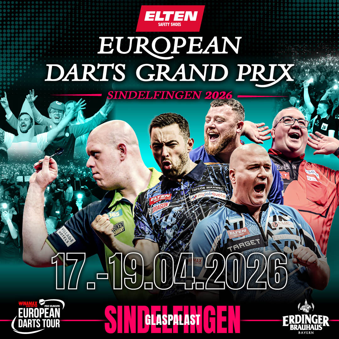 Eventgrafik des European Darts Grand Prix 2026 im Glaspalast in Sindelfingen. Zeigt Michael van Gerwen, Luke Humphries, Josh Rock, Stephen Bunting und Rob Cross.