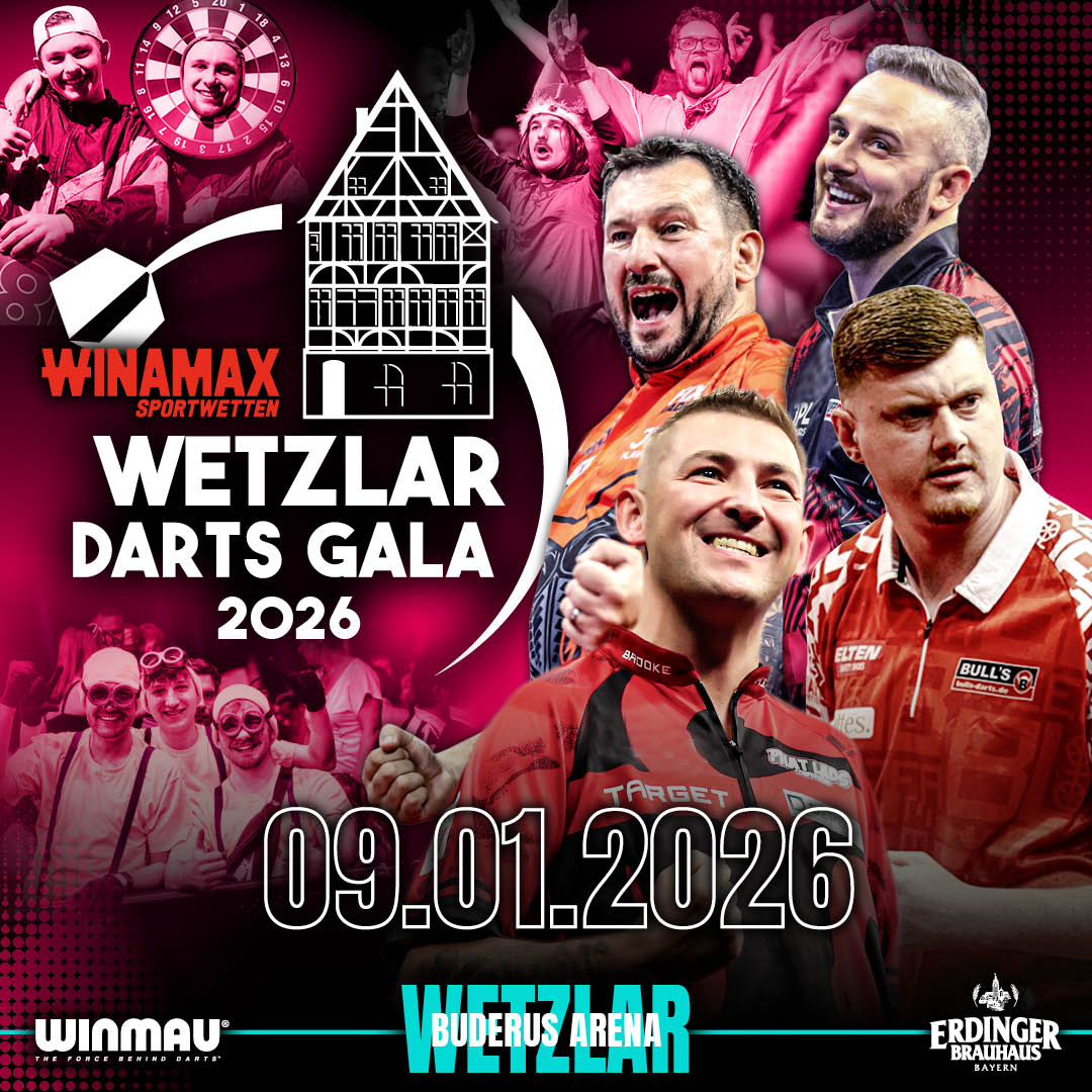 Eventgrafik der Wetzlar Darts Gala 2026 in der Buderus Arena. Zeigt Joe Cullen, Jonny Clayton, Nathan Aspinall und Niko Springer.
