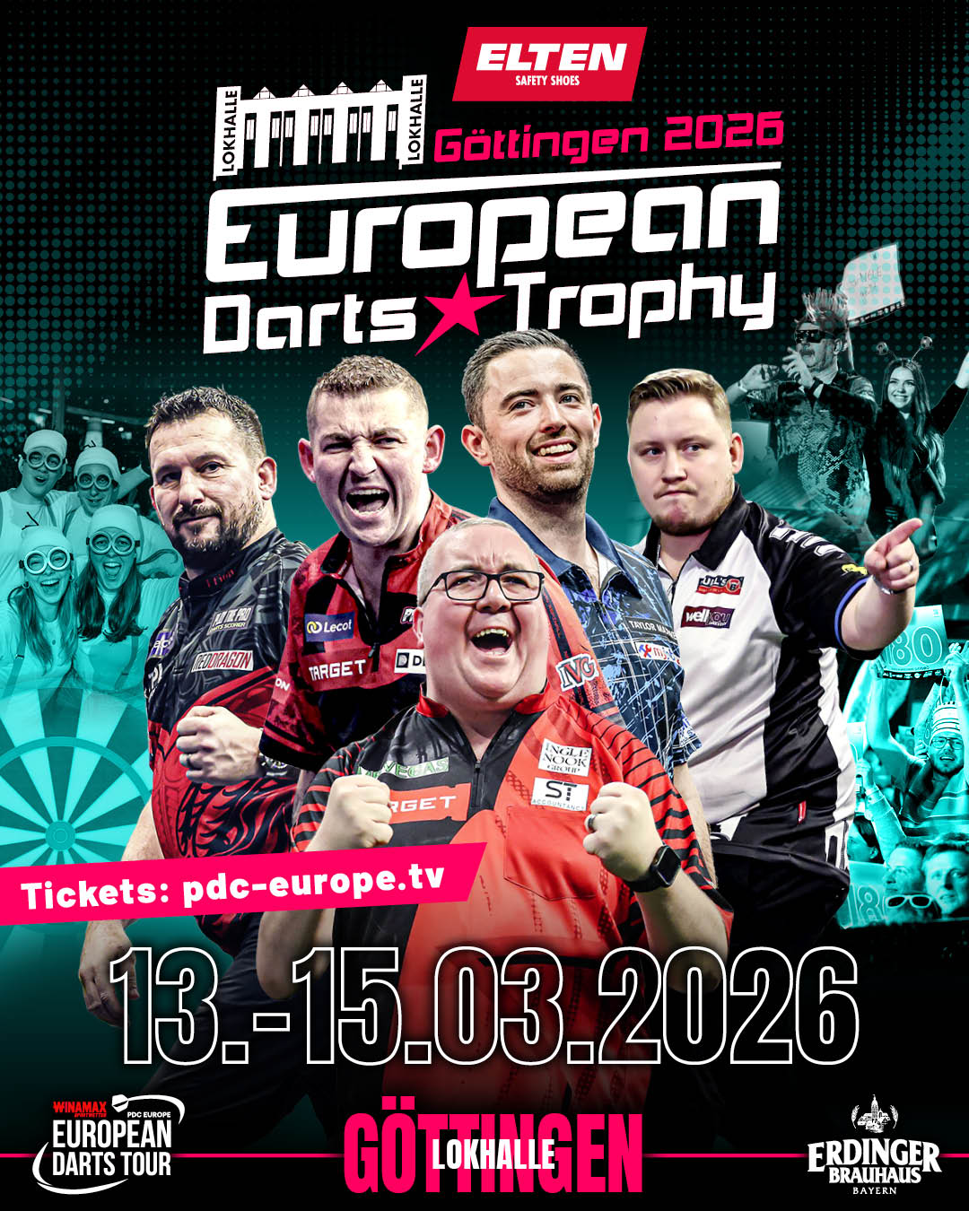 Eventgrafik der European Darts Trophy 2026 in der Lokhalle in Göttingen. Zeigt Jonny Clayton, Nathan Aspinall, Luke Humphries, Martin Schindler und Stephen Bunting.