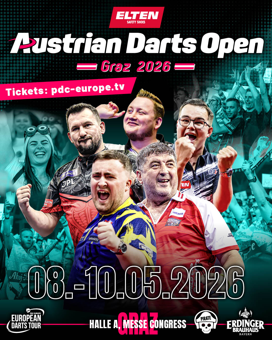 Eventgrafik der Austrian Darts Open in der Halle A, Messe Congress in Graz. Zeigt Jonny Clayton, Martin Schindler, Gian van Veen, Luke Littler und Mensur Suljovic.