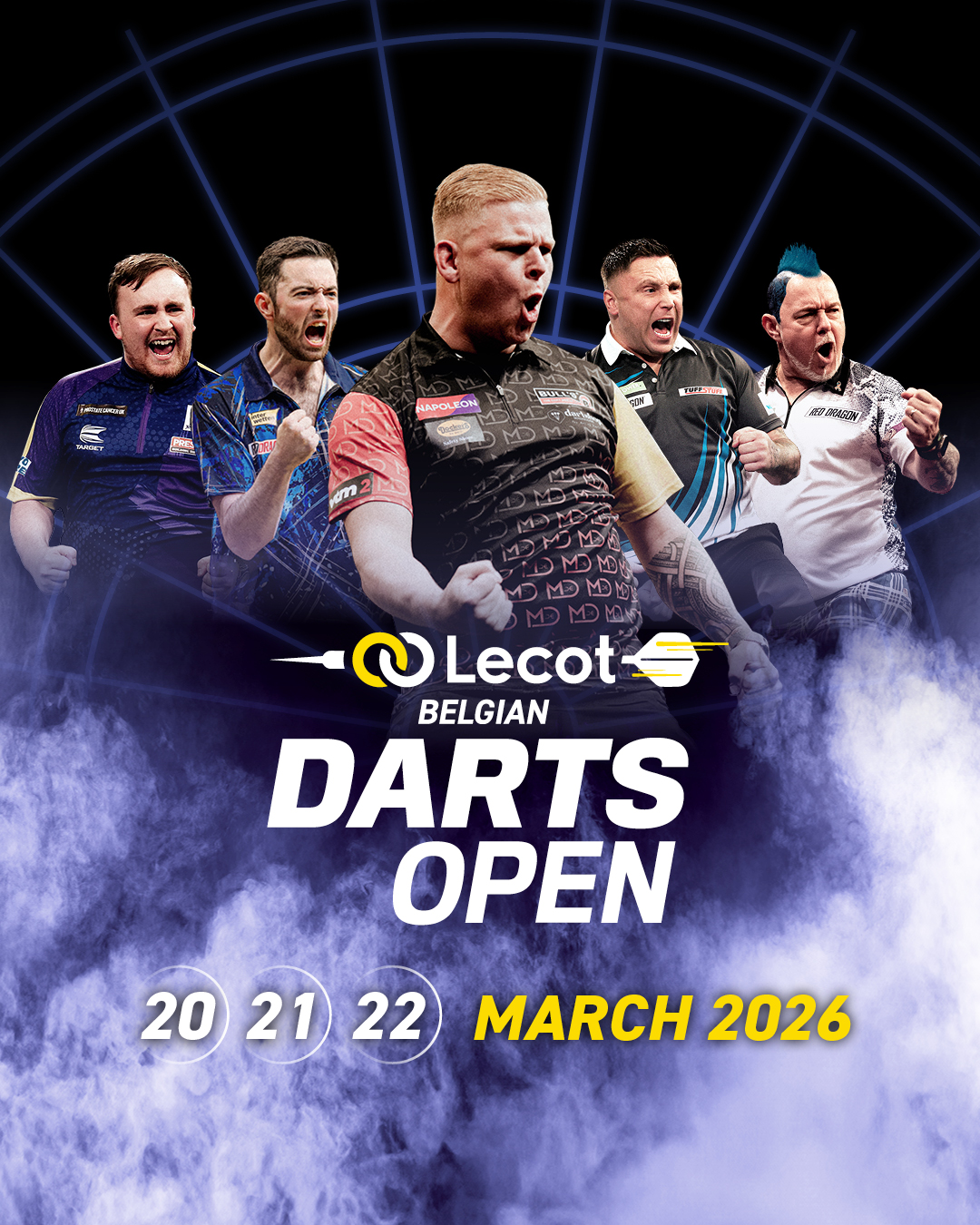 Eventgrafik der Lecot Belgian Darts Open in den Oktoberhallen in Lebbeke. Zeigt Luke Littler, Luke Humphries, Mike De Decker, Gerwyn Price und Peter Wright.