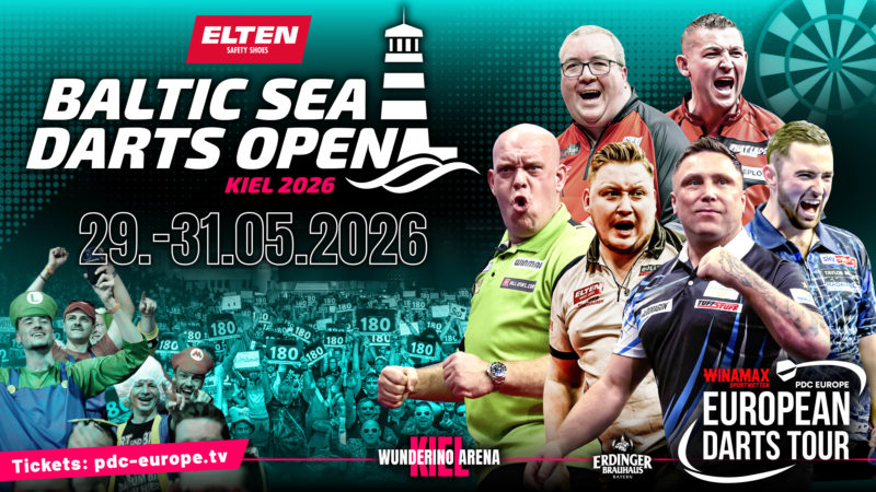 Eventgrafik der Baltic Sea Darts Open in der Wunderino Arena in Kiel. Zeigt Stephen Bunting, Nathan Aspinall, Michael van Gerwen, Martin Schindler, Gerwyn Price und Luke Humphries.