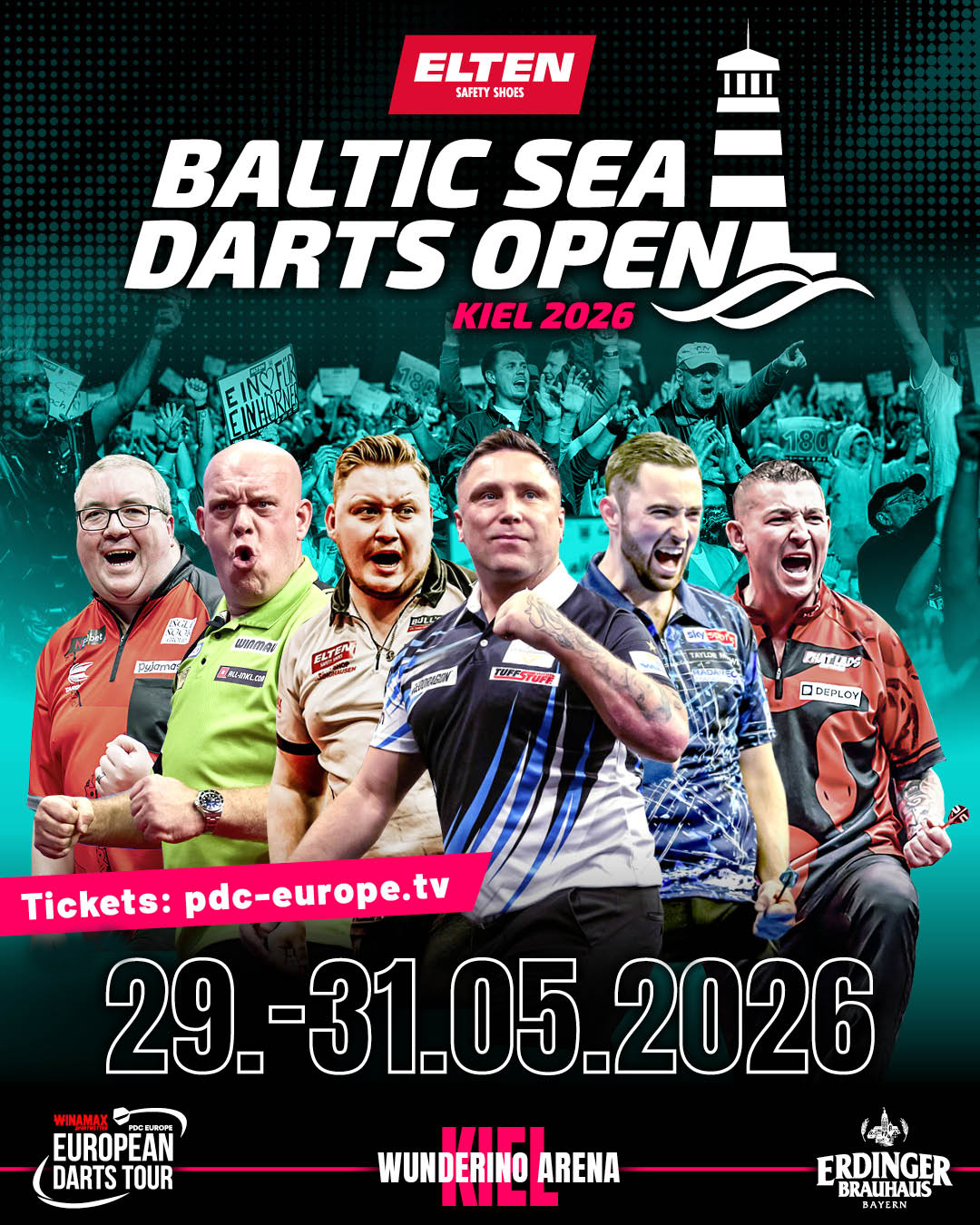 Eventgrafik der Baltic Sea Darts Open in der Wunderino Arena in Kiel. Zeigt Stephen Bunting, Nathan Aspinall, Michael van Gerwen, Martin Schindler, Gerwyn Price und Luke Humphries.