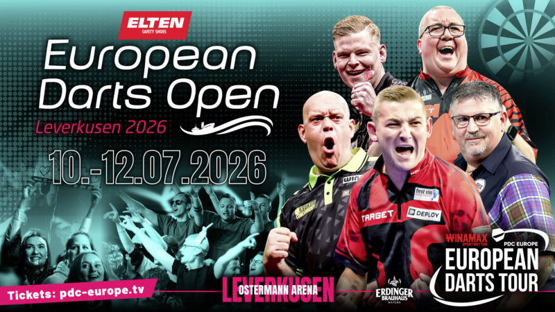 Eventgrafik der European Darts Open 2026 in der Ostermann Arena in Leverkusen. Zeigt Mike De Decker, Michael van Gerwen, Nathan Aspinall, Gary Anderson und Stephen Bunting.