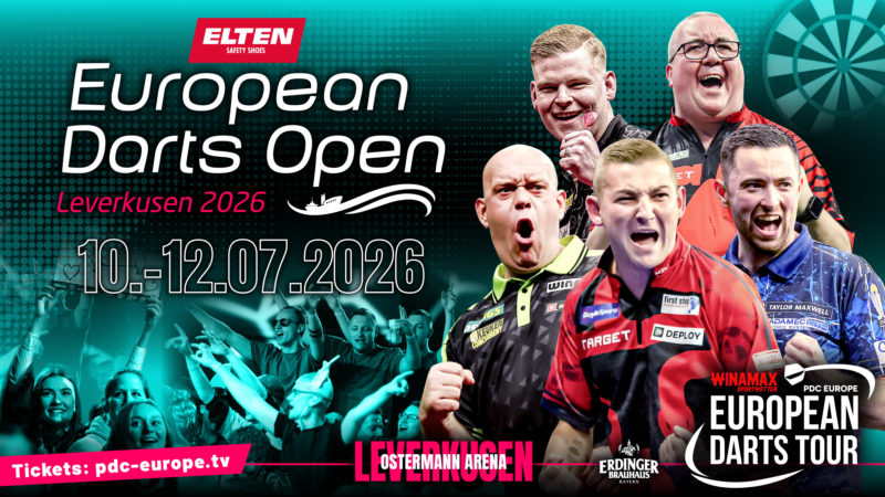 Eventgrafik der European Darts Open in der Ostermann-Arena in Leverkusen. Zeigt Mike De Decker, Michael van Gerwen, Nathan Aspinall, Luke Humphries und Stephen Bunting.